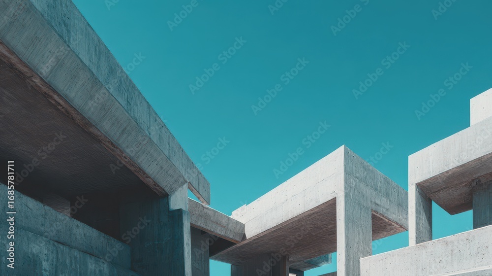 Fototapeta premium Modern architectural design showcasing concrete structures against clear blue sky