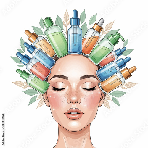 An artistic illustration of a woman with a crown of colorful skincare bottles and leaves, symbolizing natural beauty and self-care.