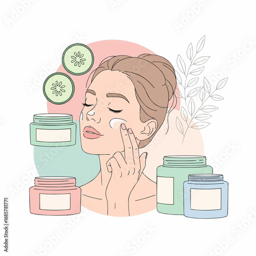 Illustration of a woman applying skincare cream to her face with cucumber slices and jars of products.