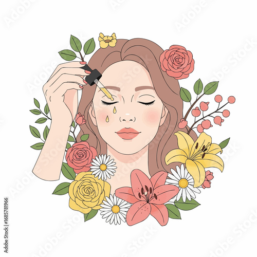 Illustration of a woman applying facial serum with a dropper, surrounded by a vibrant floral arrangement for natural beauty and self-care.