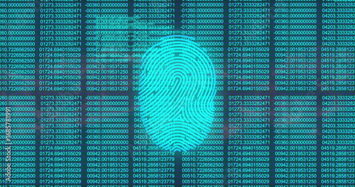 Schilderij op canvas Displaying neon turquoise fingerprint graphic on security interface, with numeri