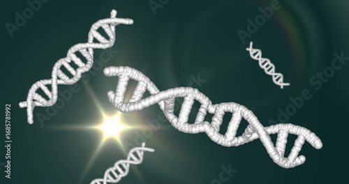 Foto Floating white 3D DNA helix glowing in dark green molecular environment, with st