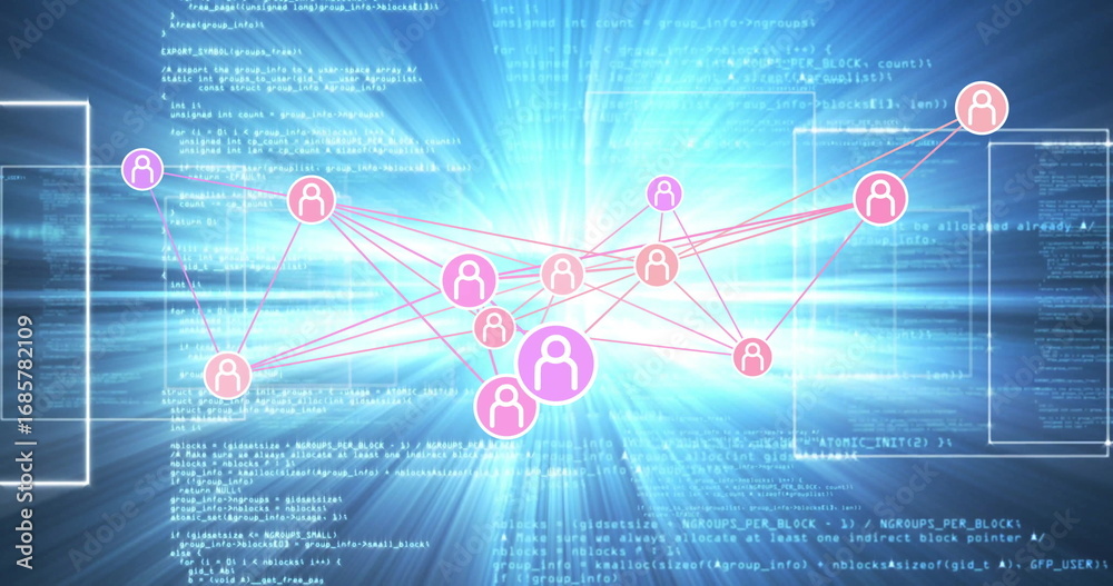 Obraz premium Digital network showing interconnected user-icon nodes over code backdrop with red lines and panels