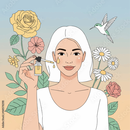 A woman applying serum to her face, surrounded by flowers and a hummingbird, promoting skincare.