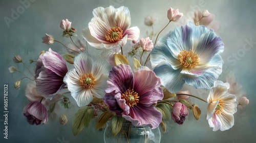 A vase of flowers with a blue background. The flowers are purple and white. The vase is full of flowers and the flowers are arranged in a way that makes them look like they are blooming