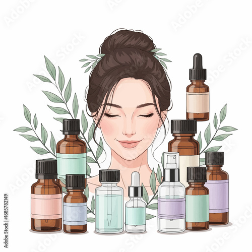 Woman with various skincare bottles and products.