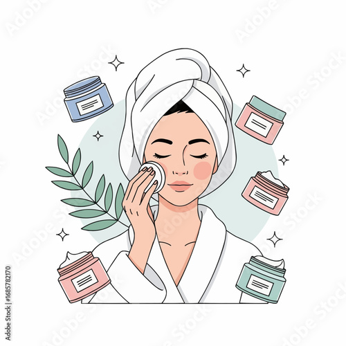 Woman in bathrobe applying face cream, skincare routine.