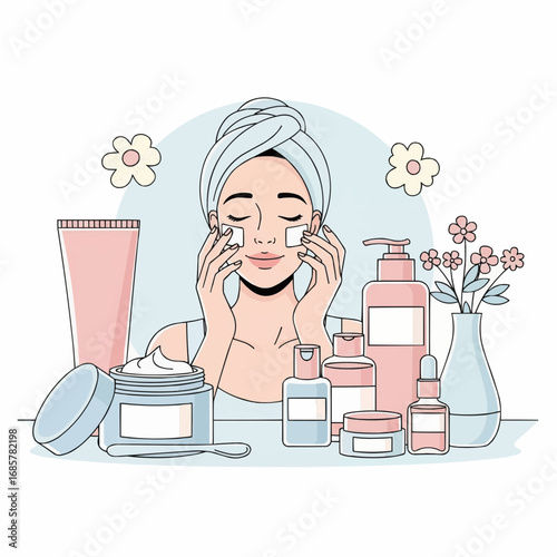 Illustration of a woman applying skincare products as part of her daily beauty routine.