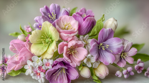 A bouquet of flowers with pink, white, and yellow flowers. The flowers are arranged in a way that they look like they are in a vase. Scene is cheerful and bright