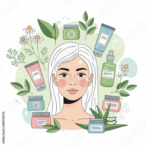 Illustrated portrait of a woman with a natural skincare routine, surrounded by cosmetic products and herbal ingredients.