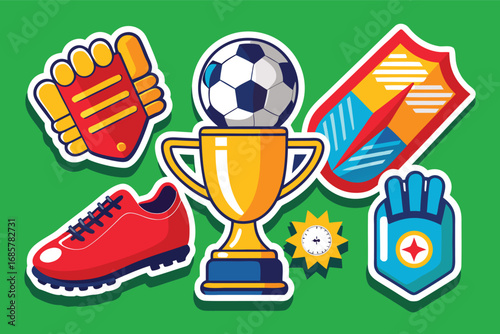 Elements of soccer including a trophy, cleats, gloves, and cards displayed creatively