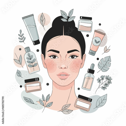 Illustration of a woman's face surrounded by various skincare products and botanical elements, representing natural beauty and self-care.