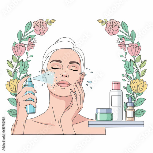 Woman applying skincare products with floral frame, illustrating a beauty routine.