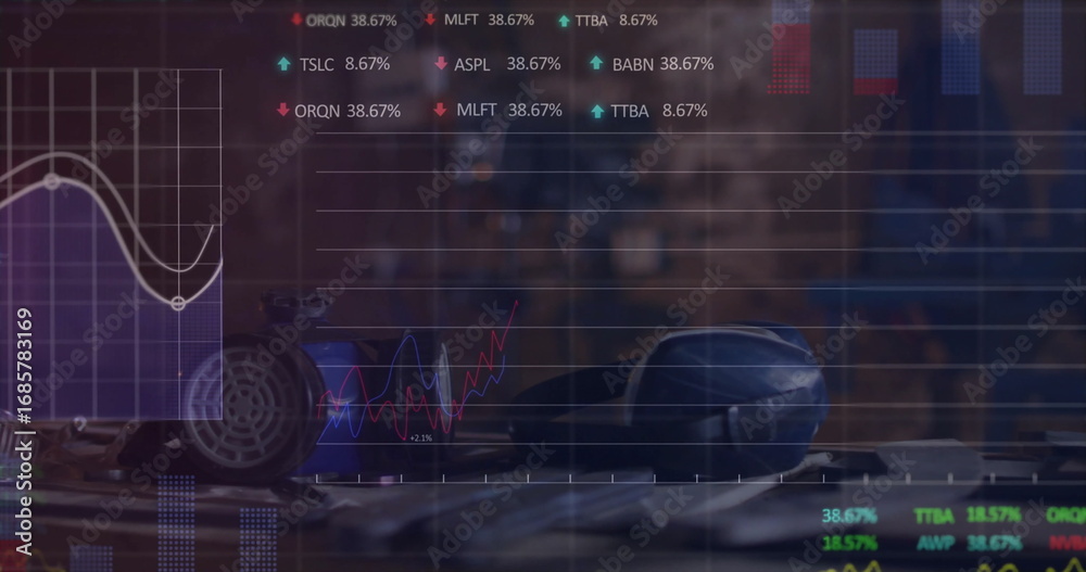 Fototapeta premium Displaying rotary telephone and motorcycle helmet and wrench on wood counter, with charts overlay