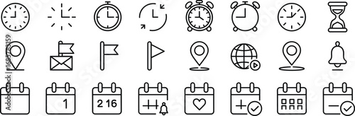 Clock icons, calendar icons, schedule planning, time management, alarm reminder, date organization, location pin, productivity tools, office planning