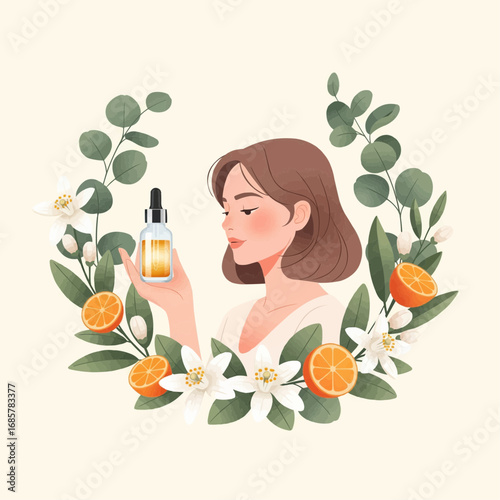 A woman holds a bottle of vitamin C serum, framed by a beautiful wreath of oranges, blossoms, and eucalyptus leaves.