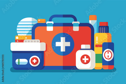 First aid kit with medical supplies displayed on a blue background