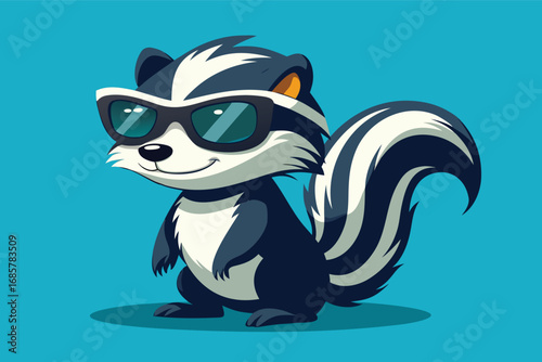 Cool cartoon skunk wearing sunglasses stands on bright blue background