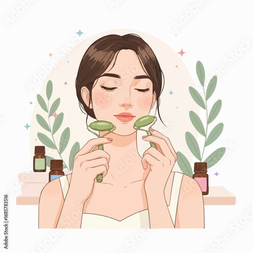 Woman using jade rollers on her face for skincare and relaxation.