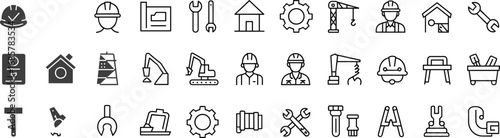 Construction icons collection, engineering tools design, building equipment graphics, worker symbols, industrial machinery, architecture planning, construction site safety, repair and maintenance