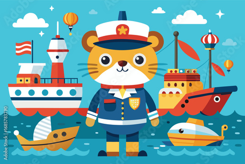 Cute tiger in sailor uniform with colorful boats and balloons on a sunny day by the sea