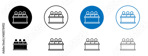 Trial by jury icons set in black and blue colors on white background