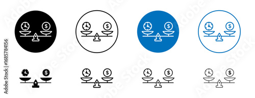 Time and money scale icons set in black and blue colors on white background
