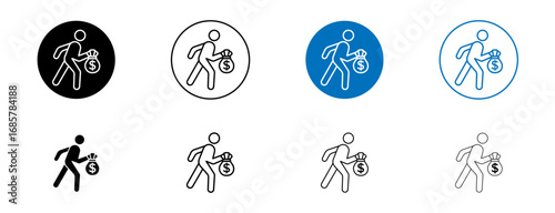 Thief icons set in black and blue colors on white background