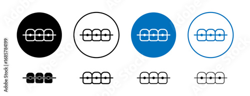 Teeth with braces icons set in black and blue colors on white background