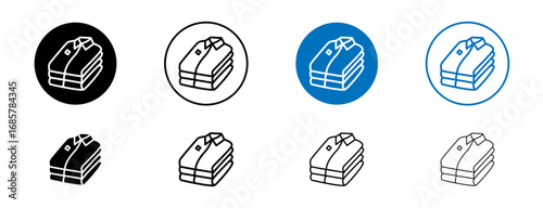 Stack of folded shirts icons set in black and blue colors on white background