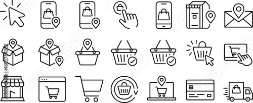 E-commerce icons, online shopping, delivery service, retail basket, store location, payment method, shipping truck, checkout process, order confirmation, digital shop