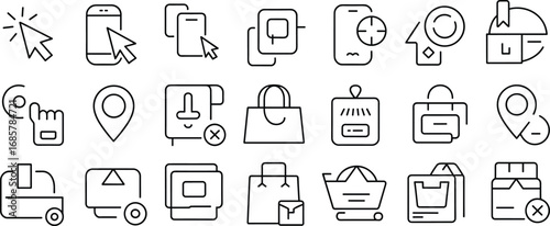 E-commerce icons, shopping outline, online store vector, delivery box, payment symbol, cart, bag, package, location pin, editable stroke, retail design