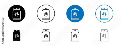 Pet food package icons set in black and blue colors on white background