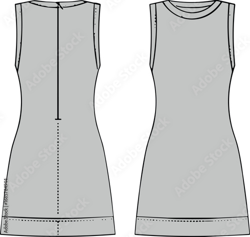 Sleeveless women's dress, front and back view, fashion flat sketch, casual shift dress, round neckline, simple hem, apparel vector illustration