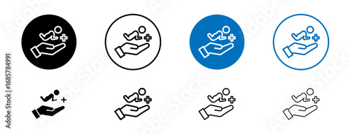 Neonatologist icons set in black and blue colors on white background