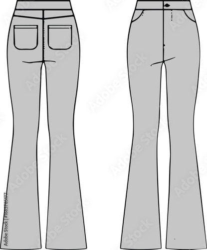 Women’s flared jeans, front and back view, fashion flat sketch, high waist denim pants, casual streetwear, detailed pocket design, apparel vector illustration