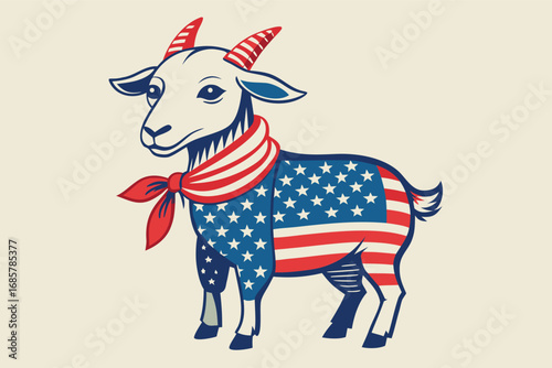 Goat wearing red, white, and blue with stars and stripes scarf celebrates patriotic spirit