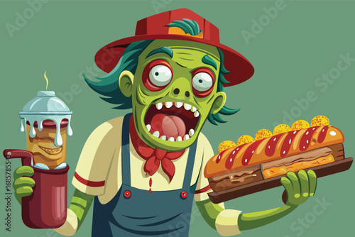 Zombie chef serving delicious hot dogs and dessert in a cartoon kitchen