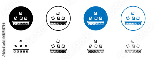 Ice cube plastic container icons set in black and blue colors on white background