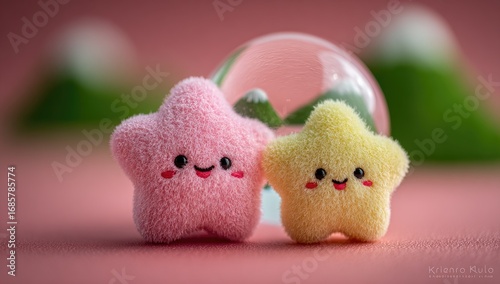 Two plush star-shaped toys, pink and yellow, with happy expressions, in front of a crystal ball with mountains and a blurred pink background