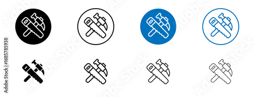 Hand saw and hammer icons set in black and blue colors on white background