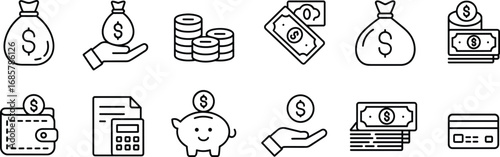 Finance icon set, money bag, wallet, piggy bank, dollar coin, cash stack, payment, credit card, banking, economy, investment