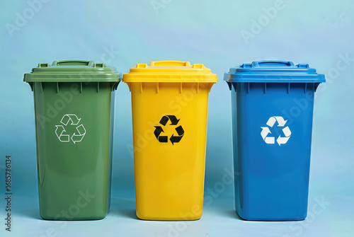 Three Recycling Bins: Green, Yellow, Blue