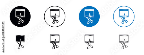 Film editing icons set in black and blue colors on white background