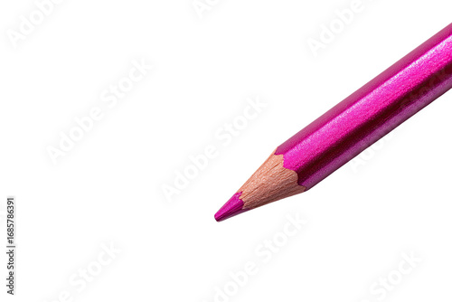 Close-up of a vibrant magenta colored pencil, angled tip foremost against a black background