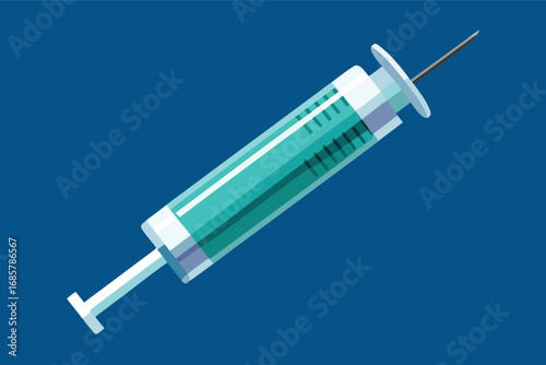 Syringe with teal liquid set against a blue background creating a medical representation