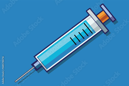 Colorful syringe with orange plunger on blue background featuring clear liquid for medical use