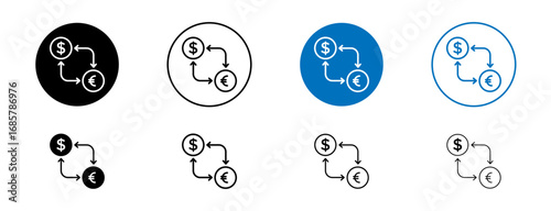 Currency exchange icons set in black and blue colors on white background