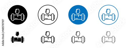 Corrosion rusty through valve tube steam gas leak pipeline icons set in black and blue colors on white background