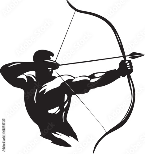 Dynamic archer with bow and arrow, a male sportsman figure, and a stylized mythological character.

